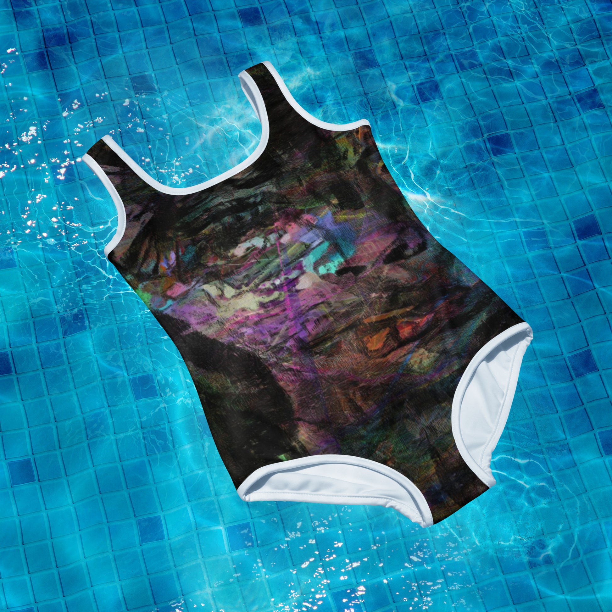 Hipyfi Chromatic Dreams Youth Swimsuit: Vibrant abstract artistic print, UPF 50+ swimwear for teens. front-2