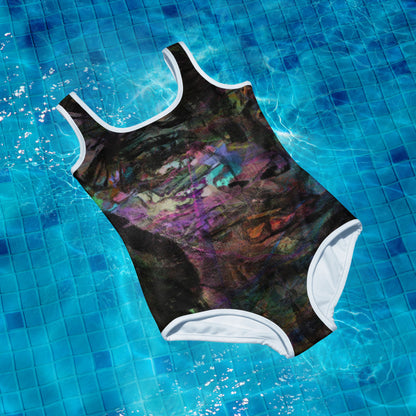 Hipyfi Chromatic Dreams Youth Swimsuit: Vibrant abstract artistic print, UPF 50+ swimwear for teens. front-2