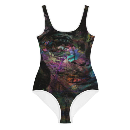 Hipyfi Chromatic Dreams Youth Swimsuit: Vibrant abstract artistic print, UPF 50+ swimwear for teens. front-3