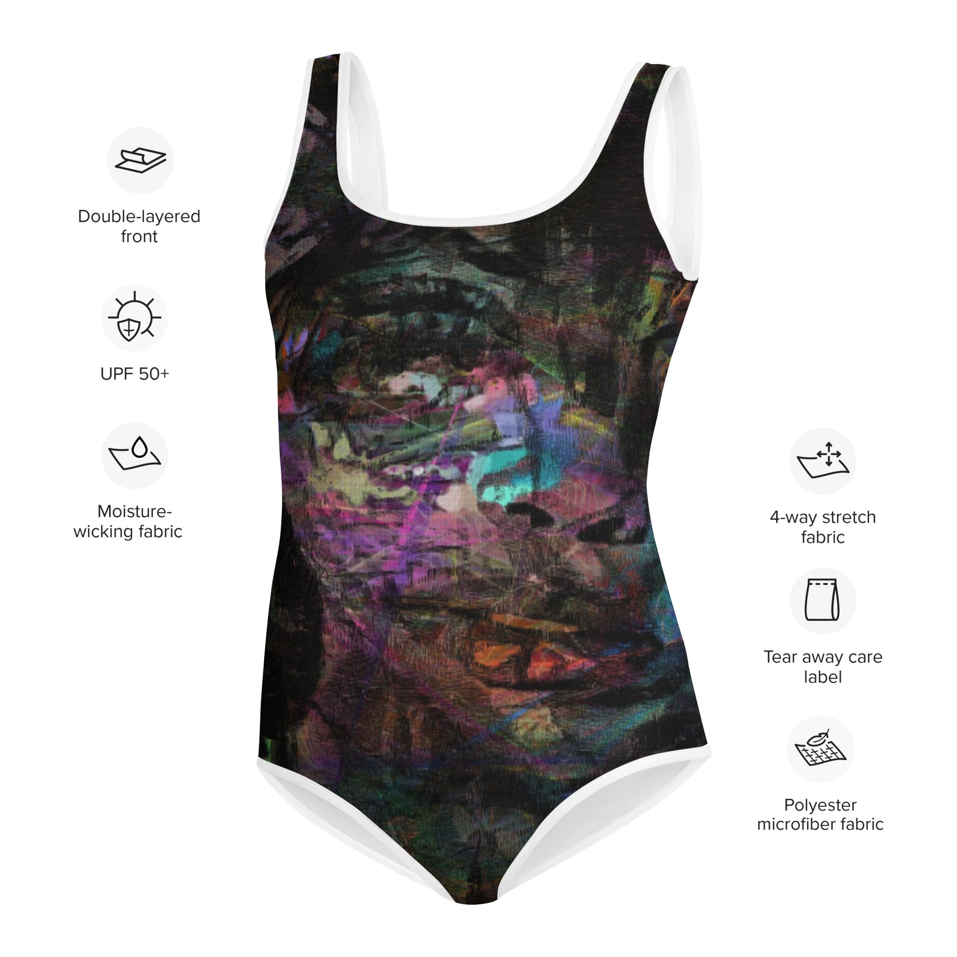Hipyfi Chromatic Dreams Youth Swimsuit: Vibrant abstract artistic print, UPF 50+ swimwear for teens. product-info