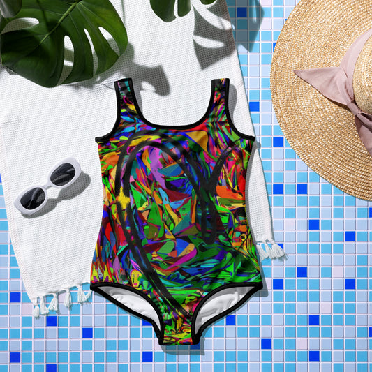 Colorful abstract youth swimsuit with bold neon print, from Hipyfi Neon Mythos collection – stylish and UPF 50+ sun protection for active kids. Front