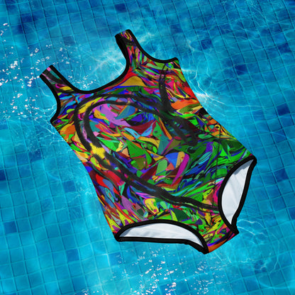 Colorful abstract youth swimsuit with bold neon print, from Hipyfi Neon Mythos collection – stylish and UPF 50+ sun protection for active kids. Front-2