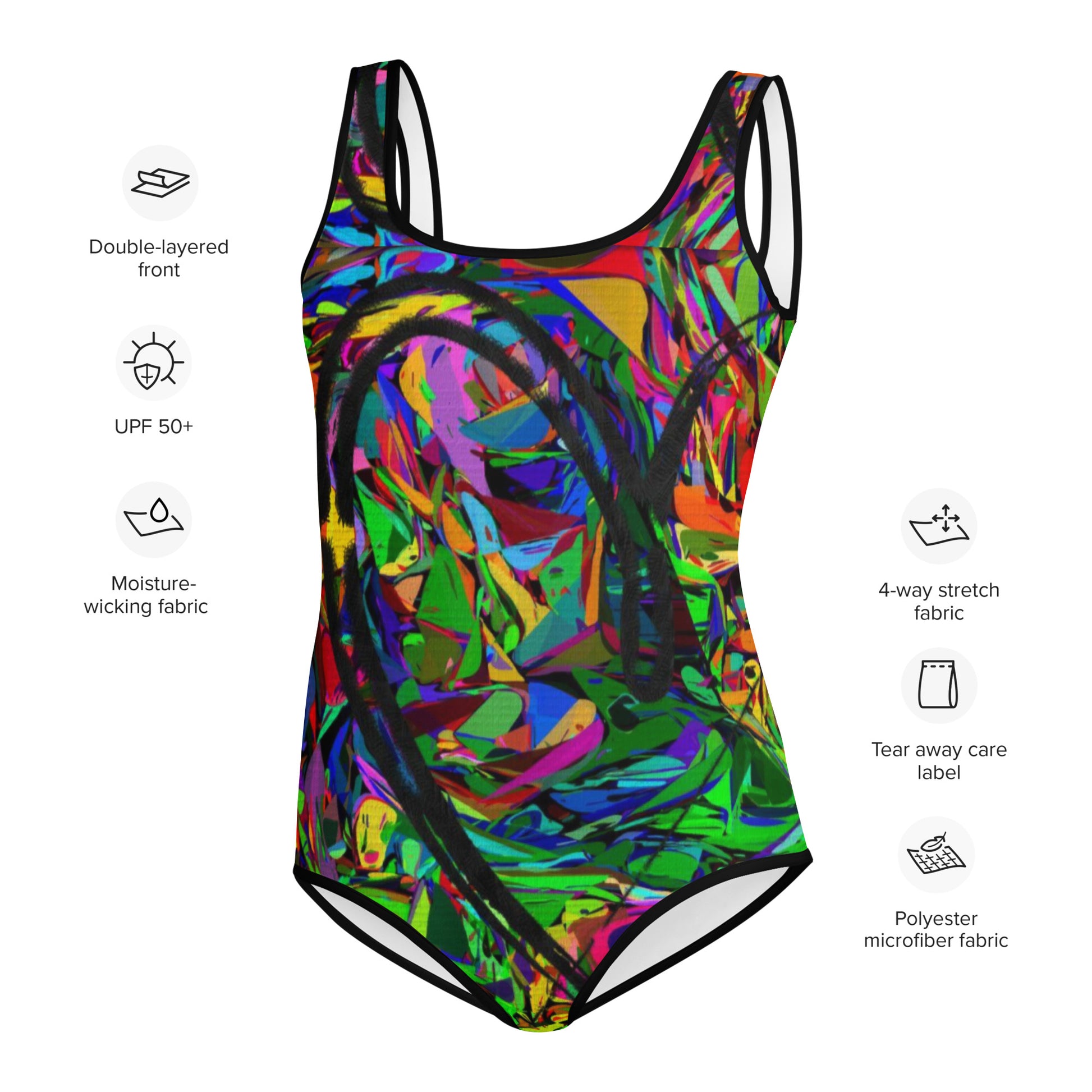 Colorful abstract youth swimsuit with bold neon print, from Hipyfi Neon Mythos collection – stylish and UPF 50+ sun protection for active kids. Product-info