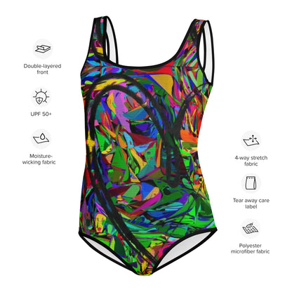 Colorful abstract youth swimsuit with bold neon print, from Hipyfi Neon Mythos collection – stylish and UPF 50+ sun protection for active kids. Product-info