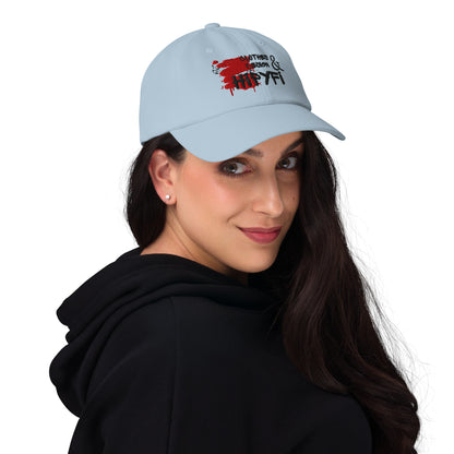Hipyfi Embroidered Dad Hat in Pink, Light Blue, and White – Adjustable unstructured cotton cap with curved visor and antique buckle, vintage streetwear style. Light-blue-front
