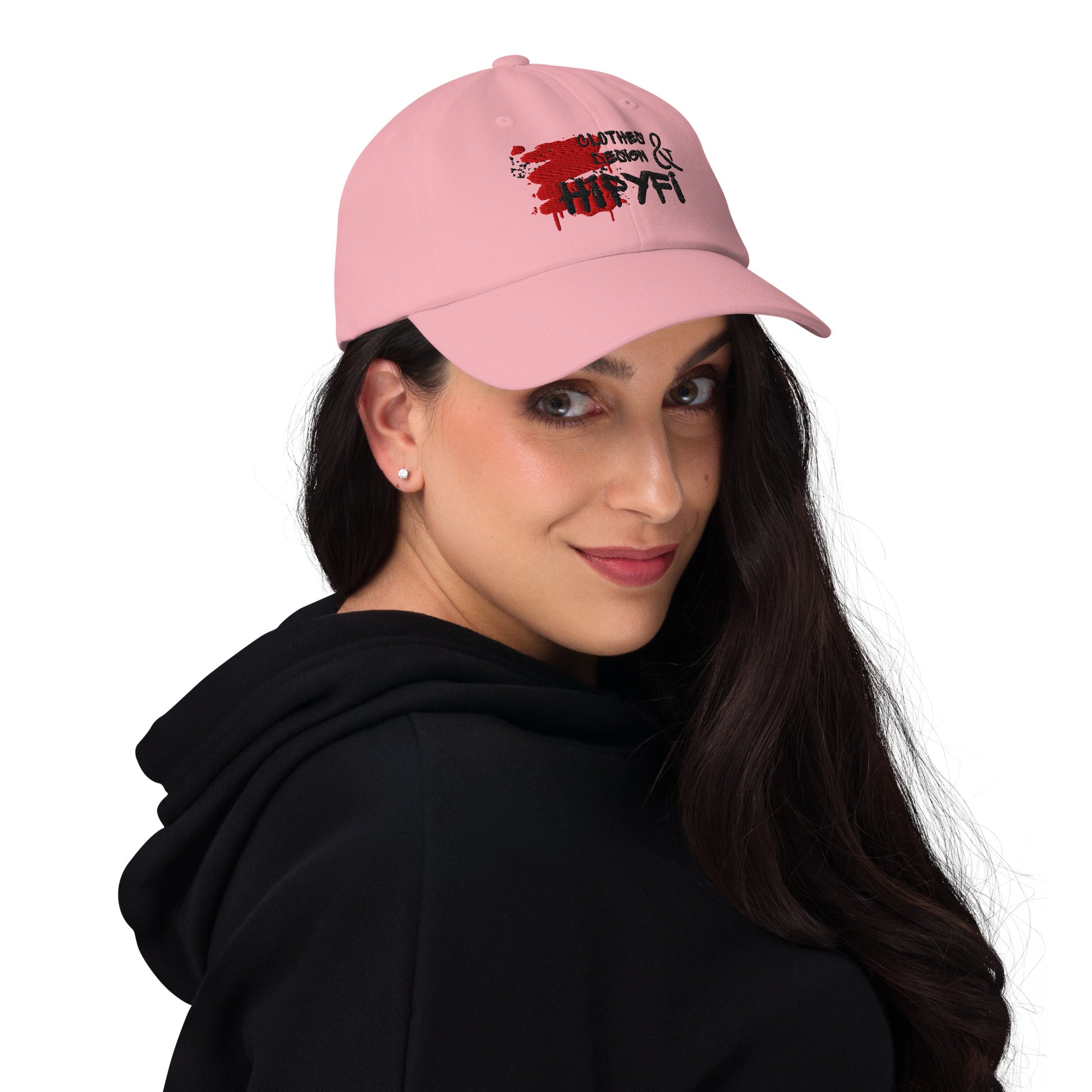 Hipyfi Embroidered Dad Hat in Pink, Light Blue, and White – Adjustable unstructured cotton cap with curved visor and antique buckle, vintage streetwear style. Pink-front