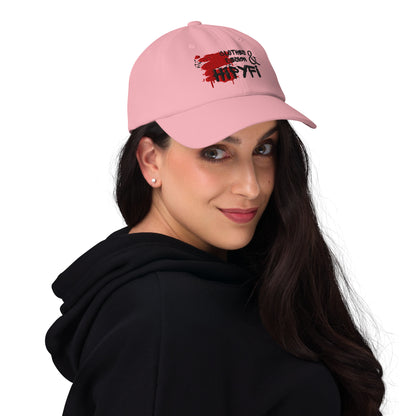 Hipyfi Embroidered Dad Hat in Pink, Light Blue, and White – Adjustable unstructured cotton cap with curved visor and antique buckle, vintage streetwear style. Pink-front