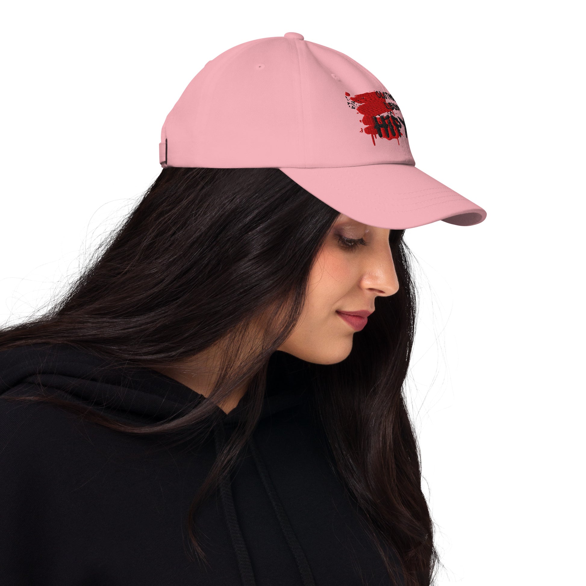 Hipyfi Embroidered Dad Hat in Pink, Light Blue, and White – Adjustable unstructured cotton cap with curved visor and antique buckle, vintage streetwear style. Pink-right