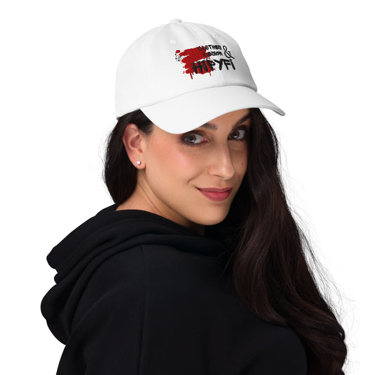 Hipyfi Embroidered Dad Hat in Pink, Light Blue, and White – Adjustable unstructured cotton cap with curved visor and antique buckle, vintage streetwear style. White-front