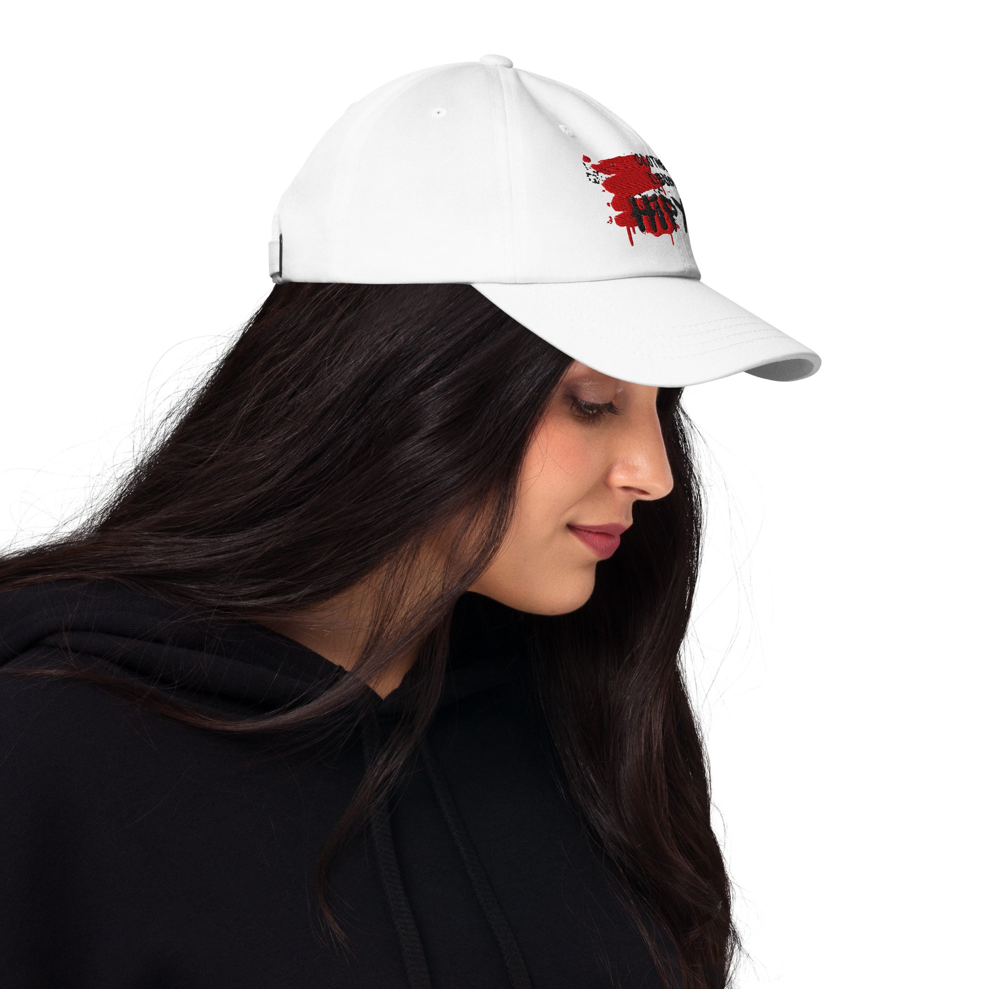 Hipyfi Embroidered Dad Hat in Pink, Light Blue, and White – Adjustable unstructured cotton cap with curved visor and antique buckle, vintage streetwear style. White-right