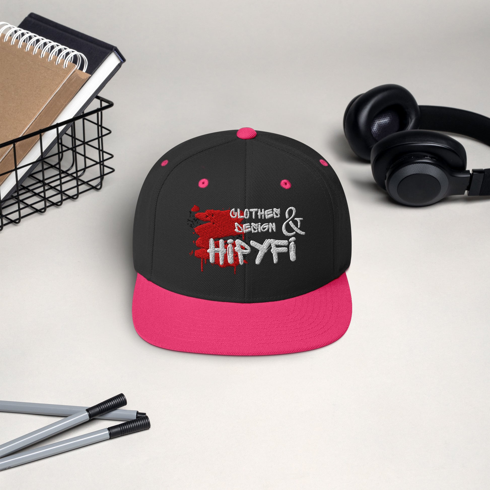 Hipyfi black and neon pink snapback hat with embroidered logo – classic flat brim cap Front-2
