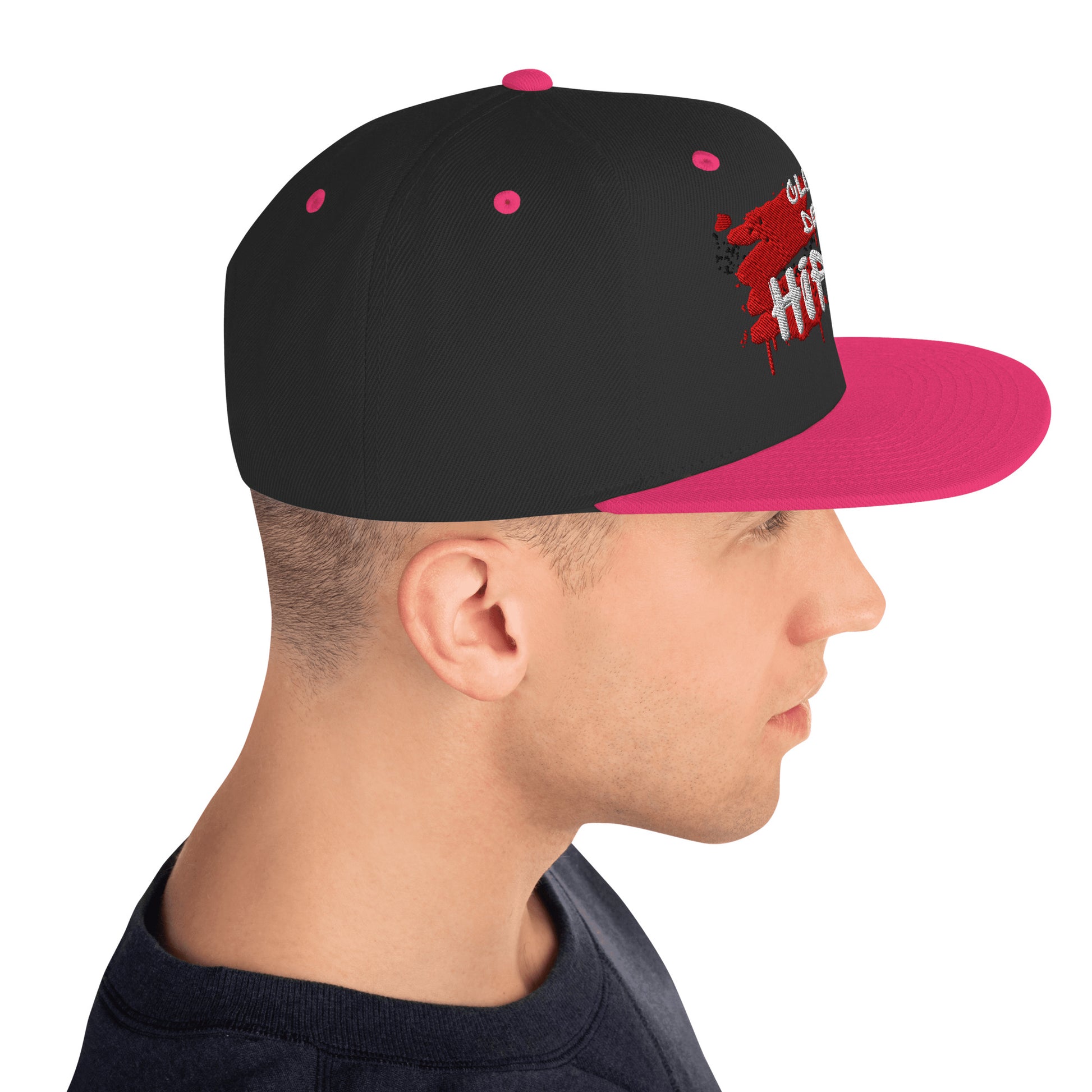 Hipyfi black and neon pink snapback hat with embroidered logo – classic flat brim cap Right-side