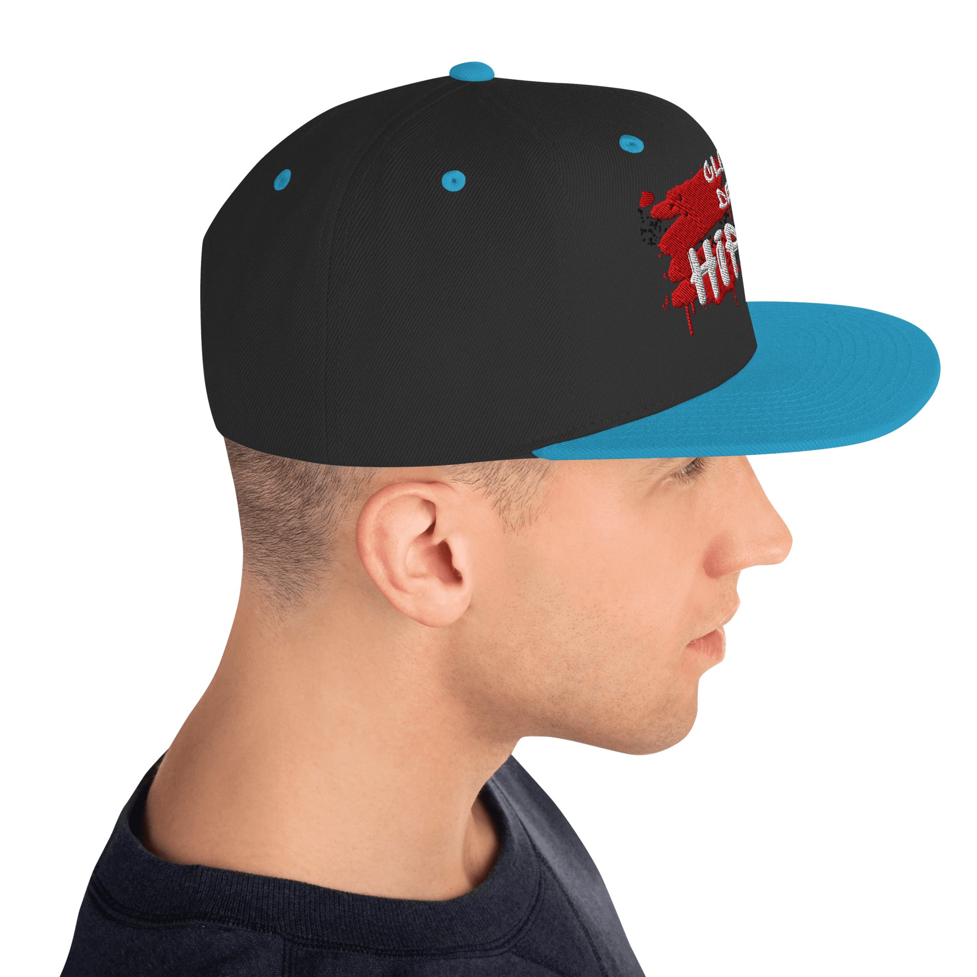 Hipyfi Classic Snapback Hat in Black and Teal with Embroidered Logo, Flat Brim, and Green Undervisor – Vintage Streetwear Cap Right-side
