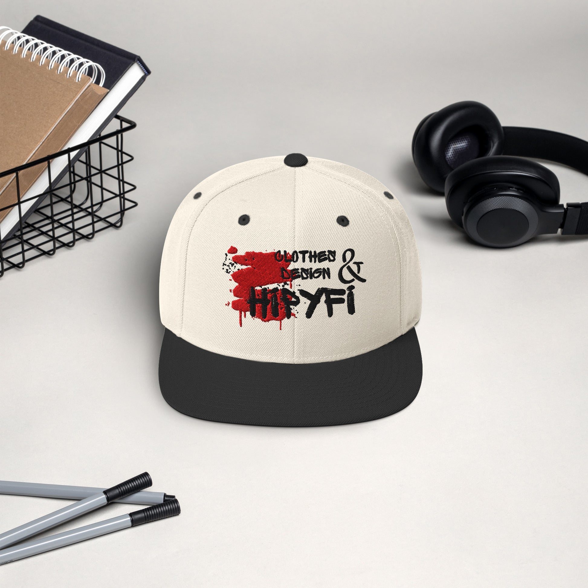 Hipyfi Classic Snapback Hat in Natural and Black with embroidered front logo, flat brim, and green undervisor – vintage-inspired streetwear cap Front-2