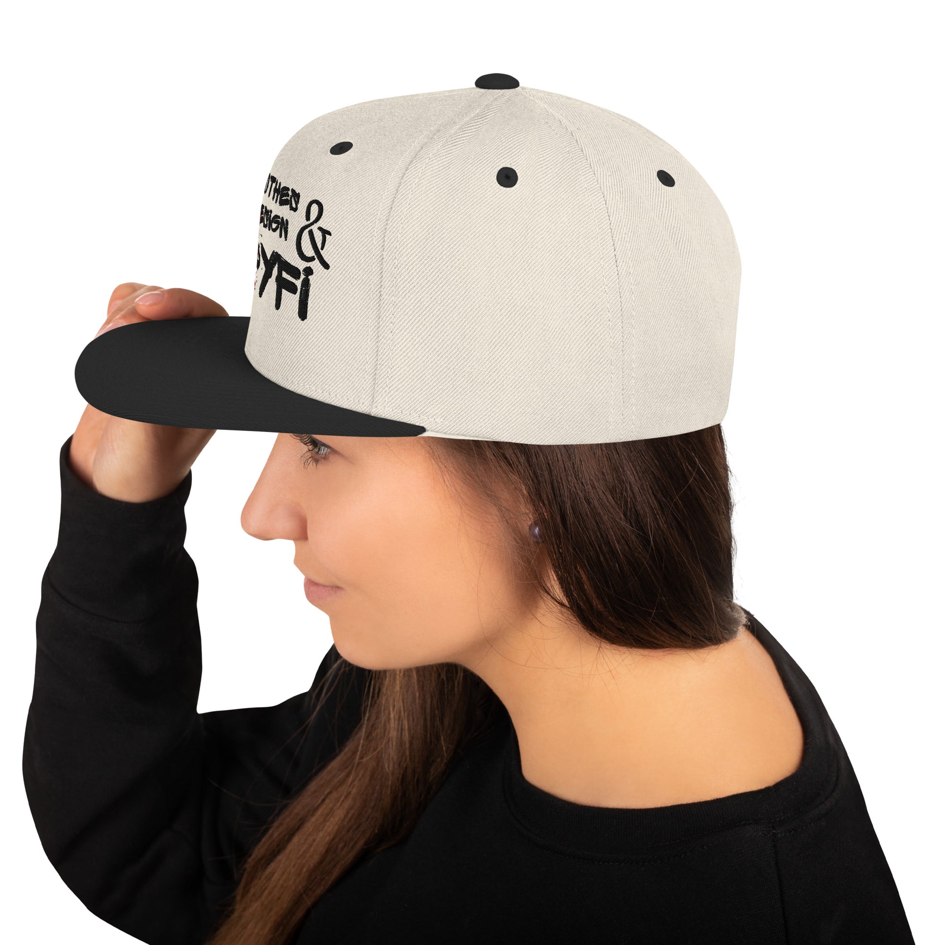 Hipyfi Classic Snapback Hat in Natural and Black with embroidered front logo, flat brim, and green undervisor – vintage-inspired streetwear cap Left-side