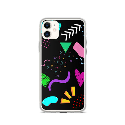 Clear iPhone case with colorful 80s Memphis pattern and retro pop art design by Hipyfi Clothes & Design iphone-11-case