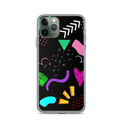 Clear iPhone case with colorful 80s Memphis pattern and retro pop art design by Hipyfi Clothes & Design iphone-11-pro