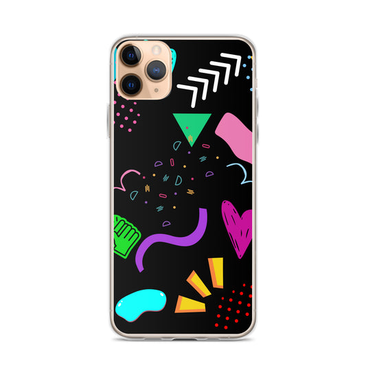 Clear iPhone case with colorful 80s Memphis pattern and retro pop art design by Hipyfi Clothes & Design iphone-11-pro-max