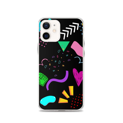 Clear iPhone case with colorful 80s Memphis pattern and retro pop art design by Hipyfi Clothes & Design iphone-12