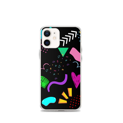 Clear iPhone case with colorful 80s Memphis pattern and retro pop art design by Hipyfi Clothes & Design iphone-12-mini-case
