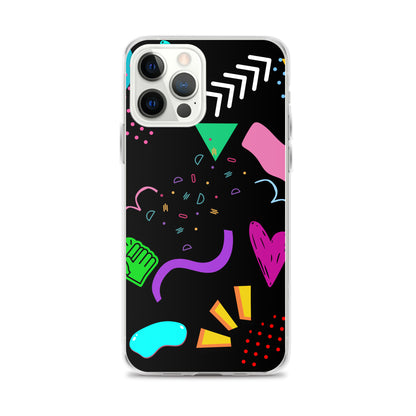 Clear iPhone case with colorful 80s Memphis pattern and retro pop art design by Hipyfi Clothes & Design iphone-12-pro-max