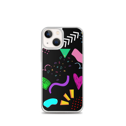 Clear iPhone case with colorful 80s Memphis pattern and retro pop art design by Hipyfi Clothes & Design iphone-13-mini