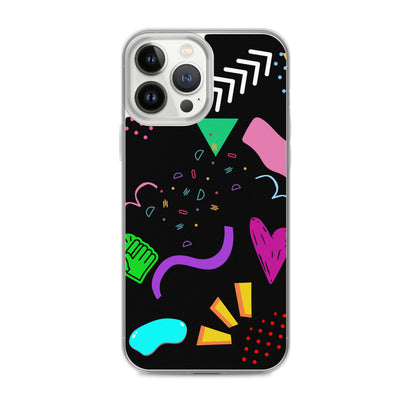 Clear iPhone case with colorful 80s Memphis pattern and retro pop art design by Hipyfi Clothes & Design iphone-13-pro-max
