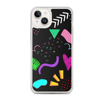 Clear iPhone case with colorful 80s Memphis pattern and retro pop art design by Hipyfi Clothes & Design iphone-14-plus