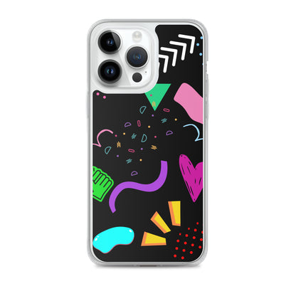 Clear iPhone case with colorful 80s Memphis pattern and retro pop art design by Hipyfi Clothes & Design iphone-14-pro-max