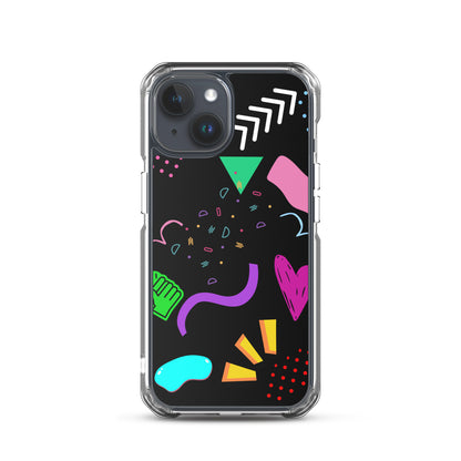 Clear iPhone case with colorful 80s Memphis pattern and retro pop art design by Hipyfi Clothes & Design iphone-15
