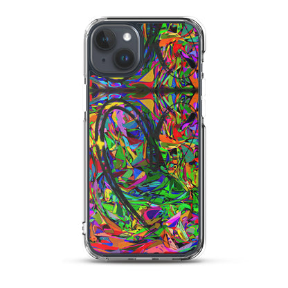 Neon Mythos iPhone® Clear Case – Abstract art design with vibrant neon colors, offering protection and style for iPhone® models. iphone-15-plus-case
