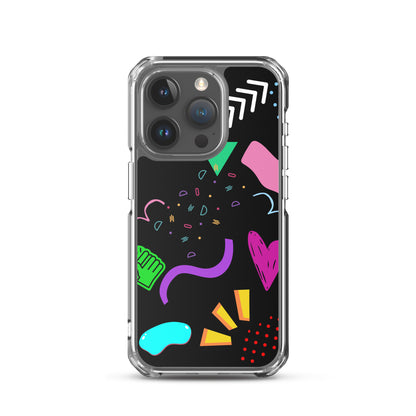 Clear iPhone case with colorful 80s Memphis pattern and retro pop art design by Hipyfi Clothes & Design iphone-15-pro