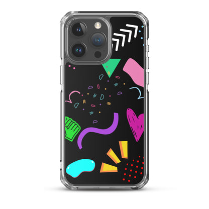 Clear iPhone case with colorful 80s Memphis pattern and retro pop art design by Hipyfi Clothes & Design iphone-15-pro-max