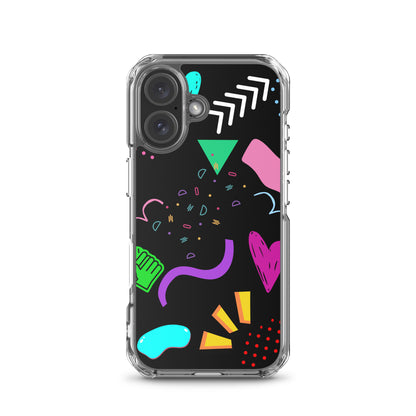 Clear iPhone case with colorful 80s Memphis pattern and retro pop art design by Hipyfi Clothes & Design iphone-16