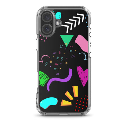 Clear iPhone case with colorful 80s Memphis pattern and retro pop art design by Hipyfi Clothes & Design iphone-16-plus