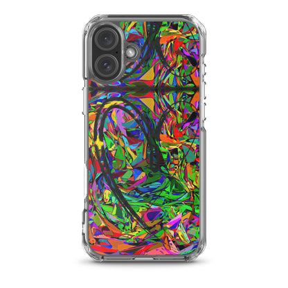 Neon Mythos iPhone® Clear Case – Abstract art design with vibrant neon colors, offering protection and style for iPhone® models. iphone-16-plus-case