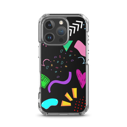 Clear iPhone case with colorful 80s Memphis pattern and retro pop art design by Hipyfi Clothes & Design iphone-16-pro