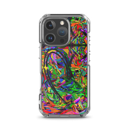 Neon Mythos iPhone® Clear Case – Abstract art design with vibrant neon colors, offering protection and style for iPhone® models. iphone-16-pro-case