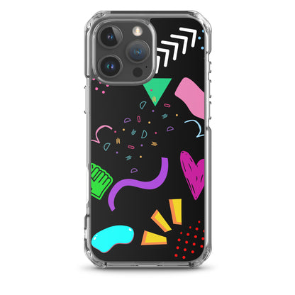 Clear iPhone case with colorful 80s Memphis pattern and retro pop art design by Hipyfi Clothes & Design iphone-16-pro-max