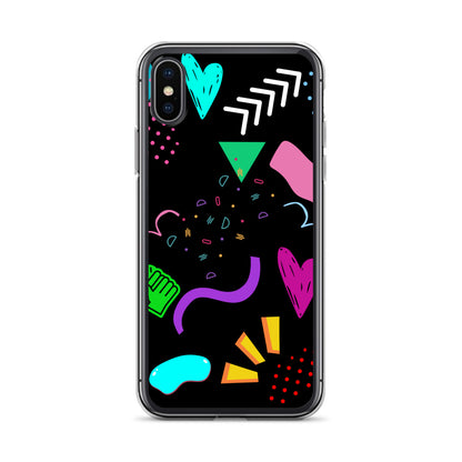 Clear iPhone case with colorful 80s Memphis pattern and retro pop art design by Hipyfi Clothes & Design iphone-x-xs-case