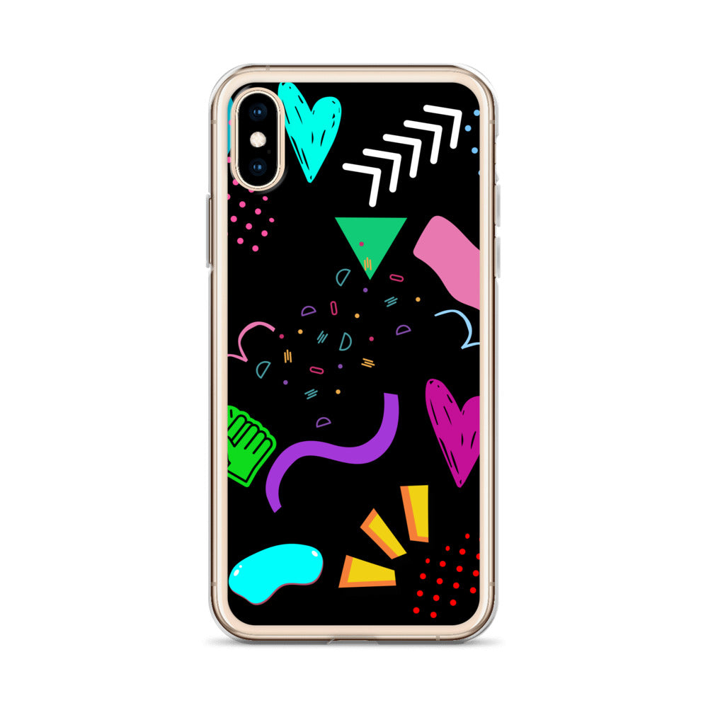 Clear iPhone case with colorful 80s Memphis pattern and retro pop art design by Hipyfi Clothes & Design iphone-x-xs-case