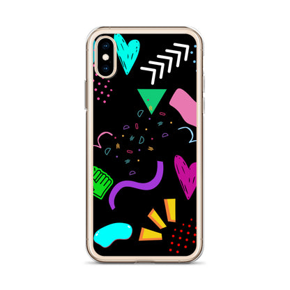 Clear iPhone case with colorful 80s Memphis pattern and retro pop art design by Hipyfi Clothes & Design iphone-x-xs-case