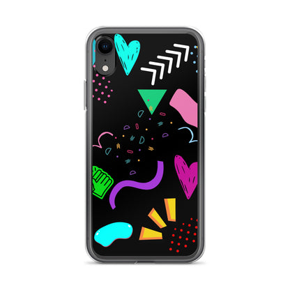 Clear iPhone case with colorful 80s Memphis pattern and retro pop art design by Hipyfi Clothes & Design iphone-xr-case