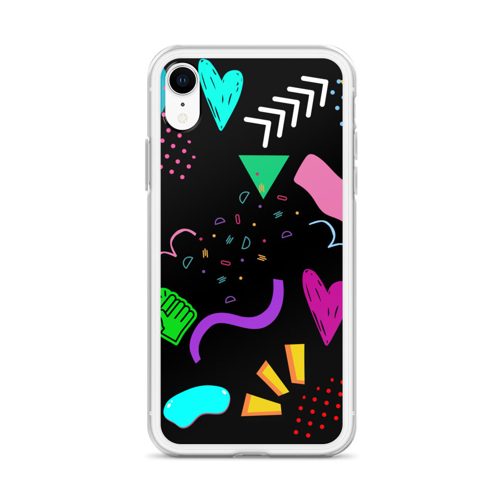 Clear iPhone case with colorful 80s Memphis pattern and retro pop art design by Hipyfi Clothes & Design iphone-xr-case