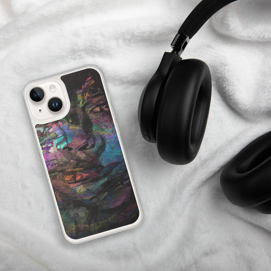 Vibrant abstract brushstroke art on a sleek clear MagSafe iPhone case by Hipyfi, blending bold color protection with modern design for iPhone. 14