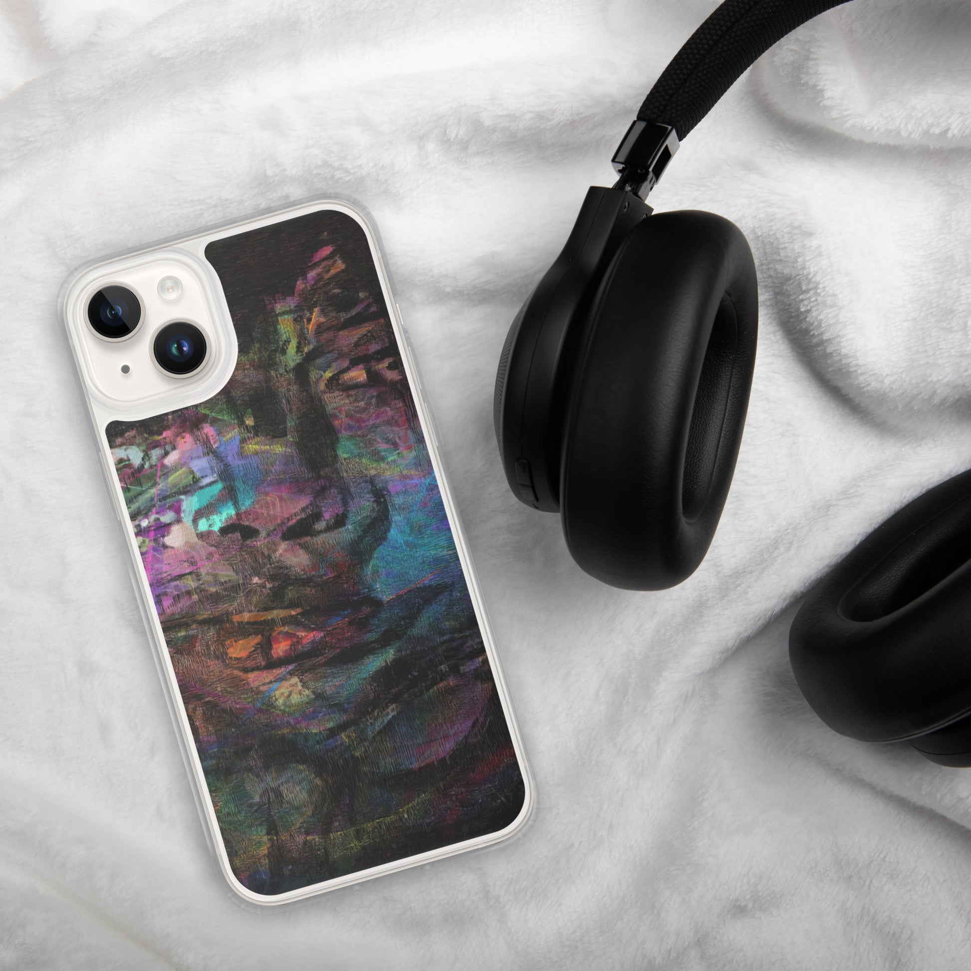 Vibrant abstract brushstroke art on a sleek clear MagSafe iPhone case by Hipyfi, blending bold color protection with modern design for iPhone. 14-plus