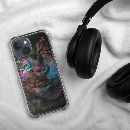 Vibrant abstract brushstroke art on a sleek clear MagSafe iPhone case by Hipyfi, blending bold color protection with modern design for iPhone. 15