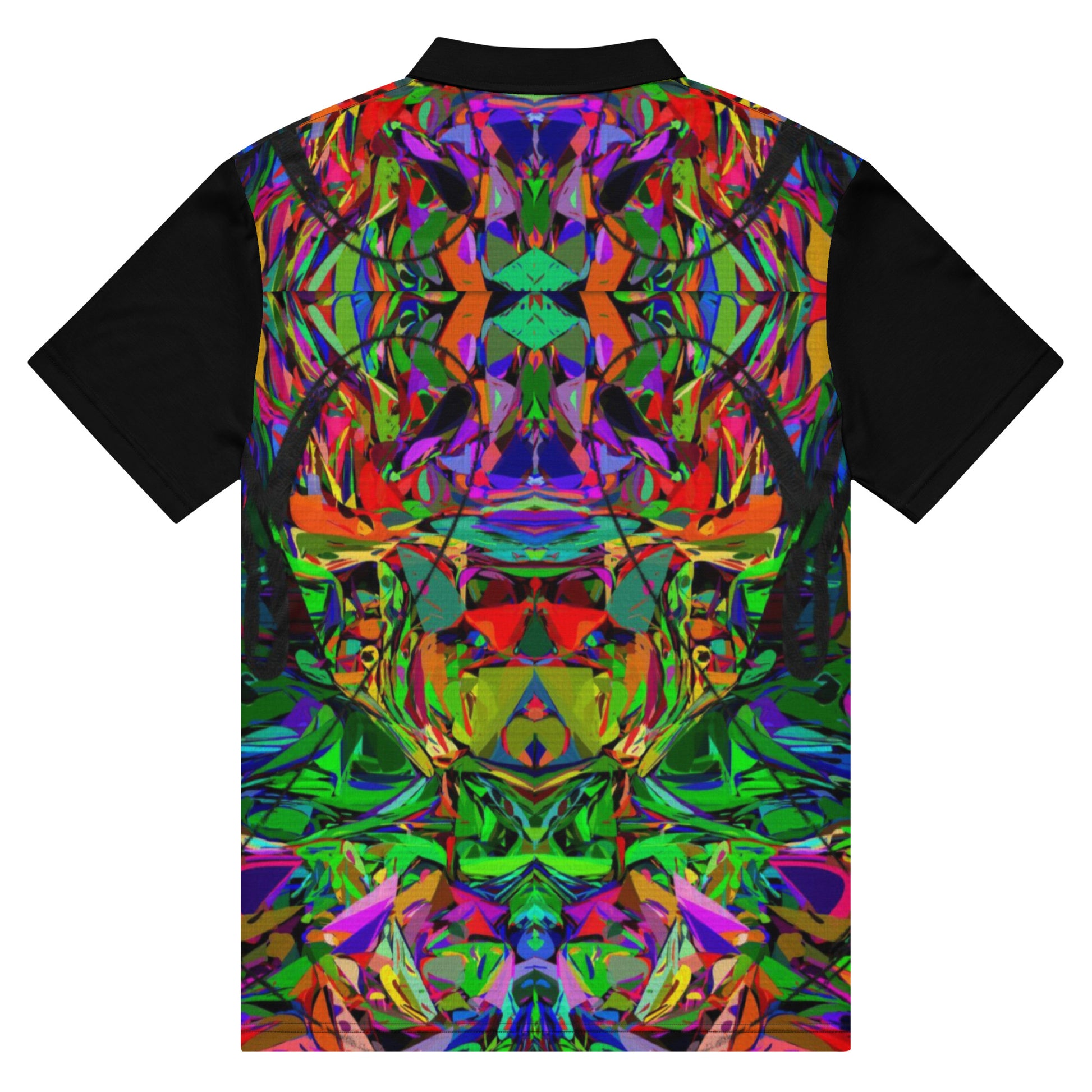 Men’s slim fit polo shirt with vibrant abstract neon graphic print by Hipyfi  – modern streetwear style, breathable jersey fabric. Back-3