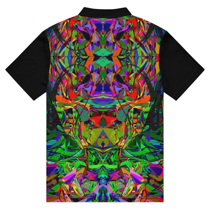 Men’s slim fit polo shirt with vibrant abstract neon graphic print by Hipyfi  – modern streetwear style, breathable jersey fabric. Back-3