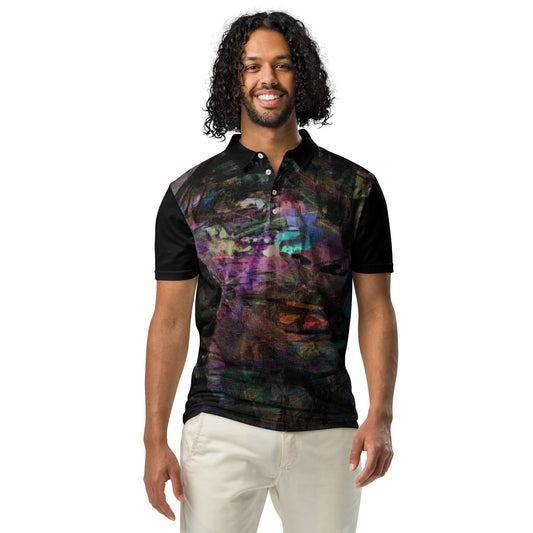 Hipyfi Men's Chromatic Dreams Slim Fit Polo Shirt – Vibrant abstract digital art print. Modern slim-fit design for bold, stylish casual wear. Front